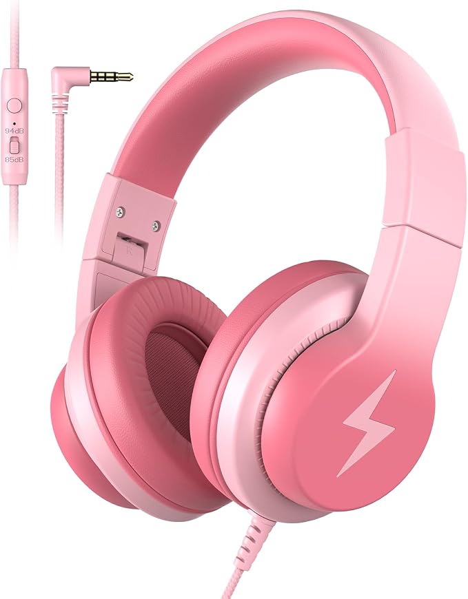 Candy Bila Kids Headphones, Wired Headphones for Kids Over Ear with Microphone, Foldable Headphone for Learning & Entertainment, Light Pink