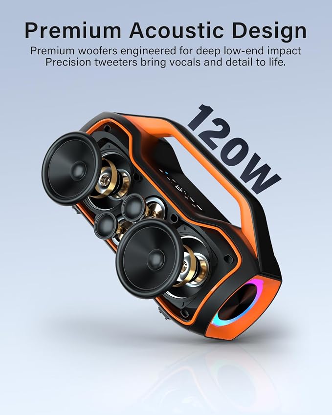 Portable Bluetooth Speaker Bass Boost, 120W Peak Loud Powerful Speakers Wireless w/2*Bass and 2*tweeters, 20H Playtime,IPX6 Waterproof, BT5.4, Suitable for Party, Beach, Camping,Outdoor,Large Jobsite