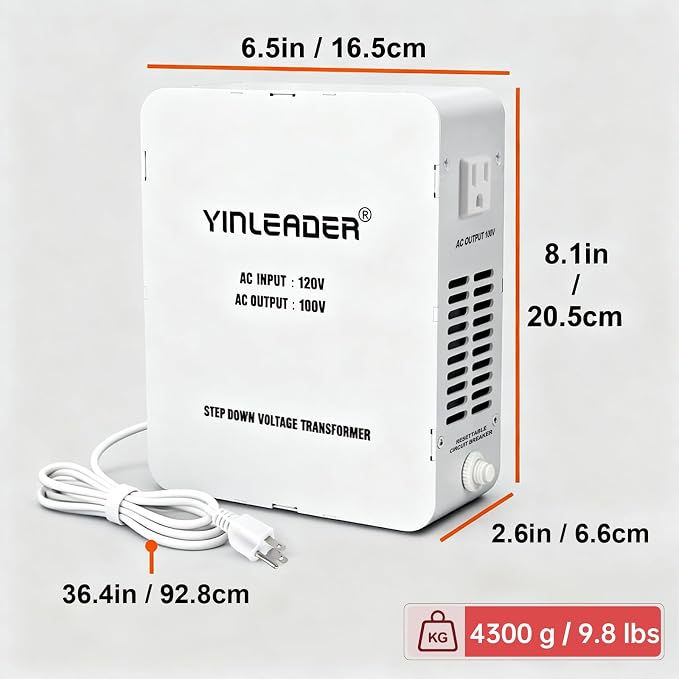 Yinleader 1500W US 120V to 100V JP Japan Voltage Converter Step Down Transformer Ideal for Japanese Electronic Devices(White)