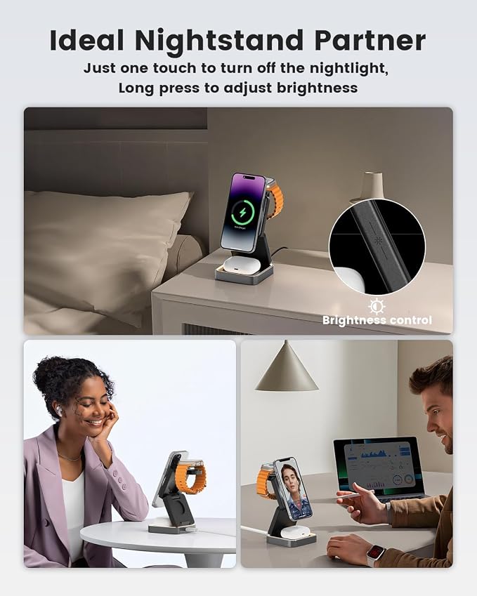 3 in 1 Wireless Charging Station Magnetic Wireless Charger,Portable Foldable Travel Essential with Nightlight Fast Charger Stand for iPhone 17 Pro Max/17 Pro/17Air/17/16/15/14/13,AirPods&Apple Watch