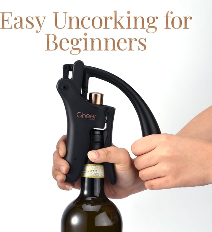 CHEER MODA Professional Manual Lever Wine Opener with Rabbit Motif – French Designer Corkscrew, Ergonomic Stainless Steel Opener + Foil Cutter + Replacement Screw (Matte Black-HK03)