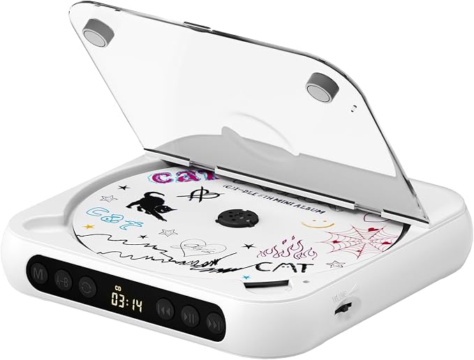 ENVYCLOUD CD Player Portable with Dual Stereo Speakers, Rechargeable Portable Player with Bluetooth for Home with Headphones, Support CD/AUX/USB,White