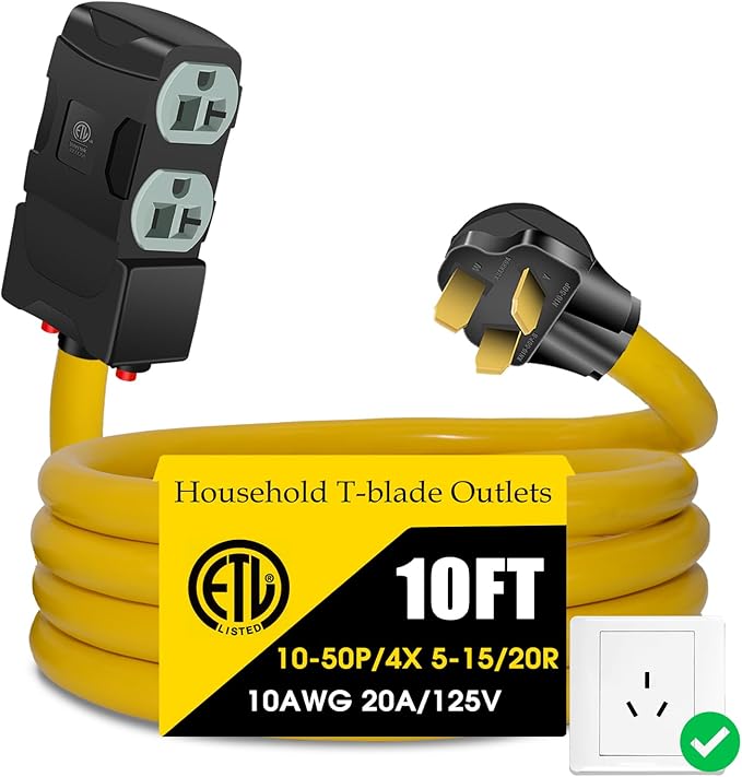 50Amp to 20Amp 110V Adapter, Compatible with NEMA 10-50P to 4X 5-20R/15R with 20 Amp Circuit Breaker, 220/250V Electrical Stove/Range/Oven Male Plug Gas 110/125V Power Convert Adapter(10 FT)