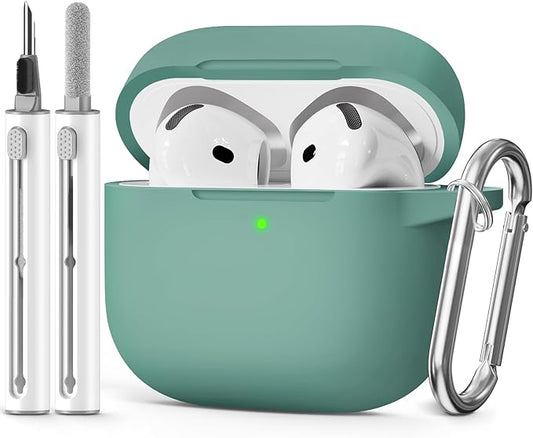 for AirPods 4 Case 2024 Come with Cleaner Kit,Soft Silicone Protective Cover for Apple AirPods 4th Generation Cases with Keychain,Compatible with AirPod 4 Case for Women Men-Pine Green