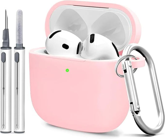 Silicone Case Cover for AirPods 4th Gen, Soft Skin, Full Protection, Keychain, Cleaner Kit (Pink)