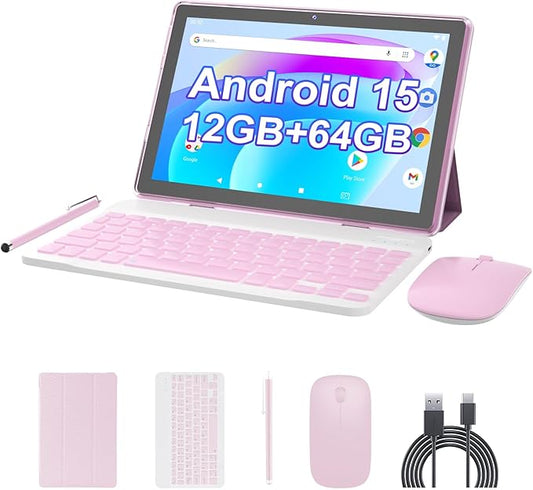 Android 15 Tablet 10 inch, 2 in1 Tablets with Keyboard Case Mouse Stylus, 12GB RAM 64GB ROM 1TB Expand, Quad-Core Processor Tablet PC, 5G WiFi6, BT5.0, 6000mAh, 1280*800 IPS Screen, Widevine L1, Pink
