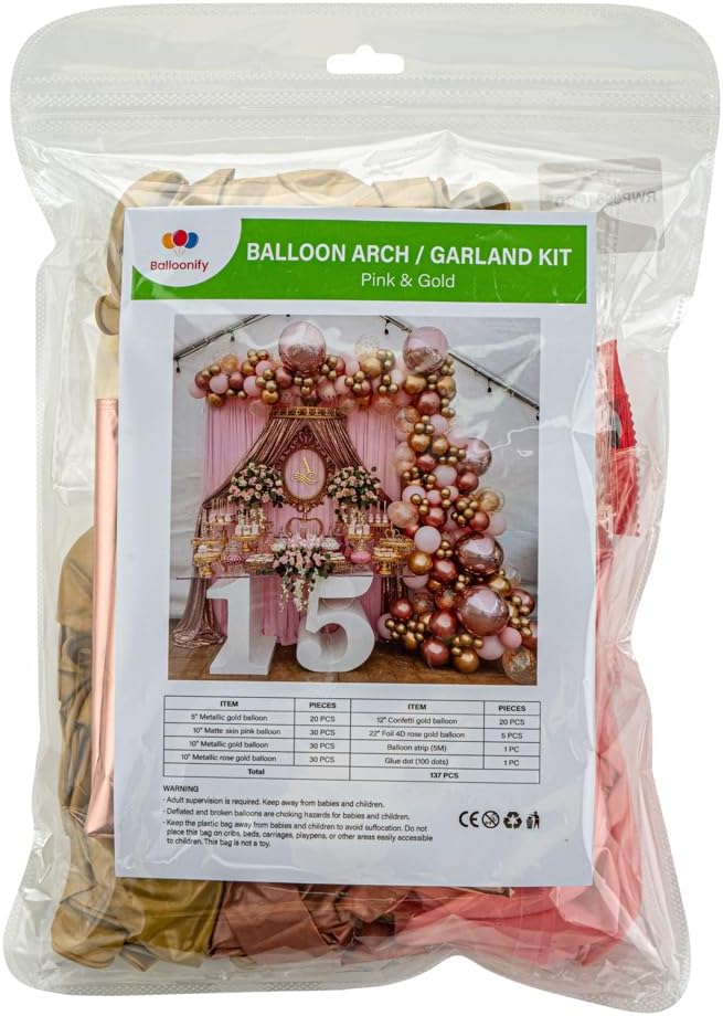 Restaurantware-Balloonify Balloon Garland Set, 1 Party Decoration Kit - 135 Balloons, With Chain, Pink & Gold Latex Balloon Arch Kit, Includes Glue Dots