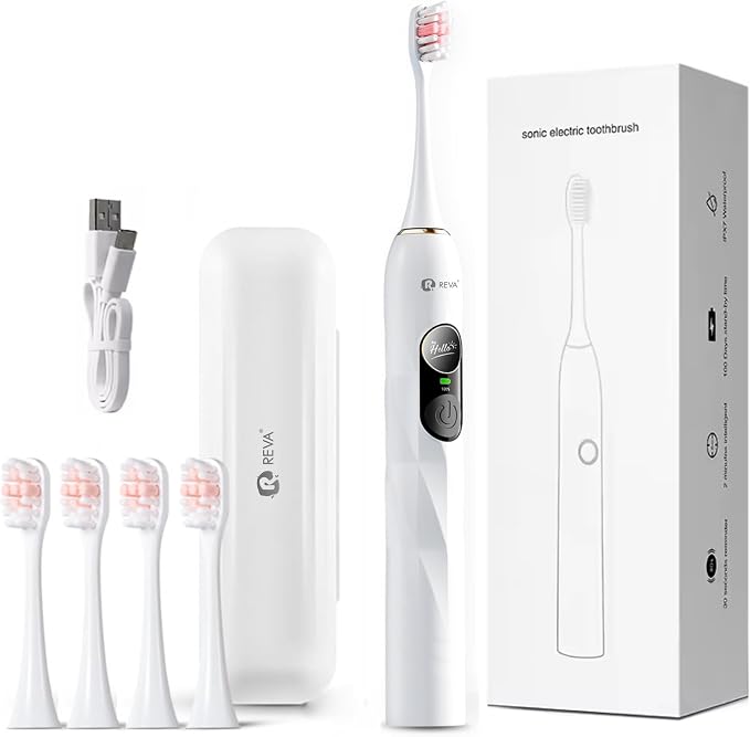 Reva V3 Sonic Electric Toothbrush for Adults, Dual Display, 5 Modes, 200-Day Battery, 4 Brush Heads, IPX7 Waterproof (White)