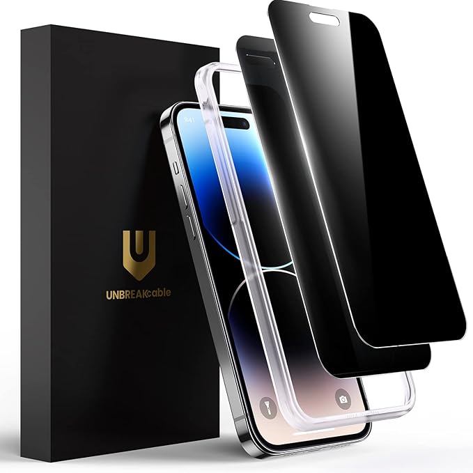 UNBREAKcable Privacy Screen Protector for iPhone 14 Pro, Shatterproof Tempered Glass [True 28°Anti Spy] [9H Hardness] [Easy Installation Frame] Black Protector for iPhone 6.1" -2 Pack
