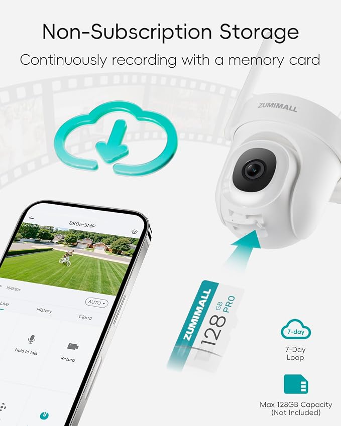 ZUMIMALL 2K Wired Outdoor Camera, 2.4G/5G WiFi Security Camera, 3MP, 24/7 Recording, AI Motion Detection, Cloud & SD Card Storage, 2-Way Audio, 360° PTZ Auto Tracking, Work with Alexa, IP66-2-Pack