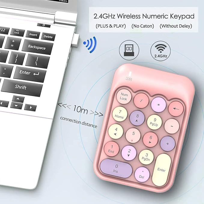 FELICON Wireless Numeric Keypad 18 Keys with 2.4G Mini Portable Silent Number Pad USB Receiver Financial Accounting Keyboard Extensions for Laptop Desktop PC Pro（Pink Mix）