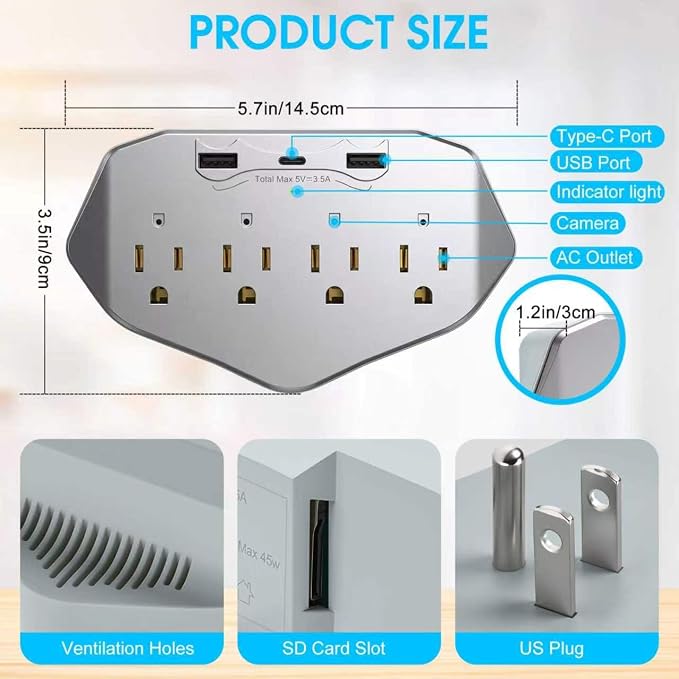 1080P WiFi Wall Outlet Camera, Indoor Surveillance Cam with Multi-Port Charger, 4 AC Outlets, USB & Type-C Ports, Motion Detection, Loop Recording, Remote View