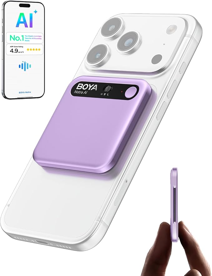 BOYA Notra AI Voice Recorder,Ambient/Phone Call/Bluetooth Capture, AI Transcription&Smart Summary, Support 140+ Languages, 64GB Storage, Magnetic Note Taker for Meetings,Lectures,Interviews(Purple)
