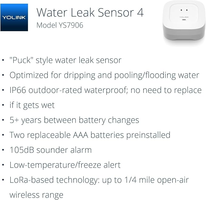 YoLink Smart Home Starter Kit: Hub & Water Leak Sensor 4 with 105dB Audio Alarm 3-Pack, SMS/Text, Email & Push Notifications, Freeze Warning, LoRa Up to 1/4 Mile Open-Air Range, w/Alexa, IFTTT