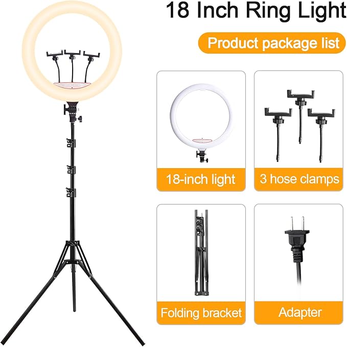 18 Inch Ring Light with Tripod Stand, Dimmable 58W 5500K LED Circle Light for TikTok/Live Stream/Makeup/YouTube with Carrying Bag,Compatible Camera and Phone