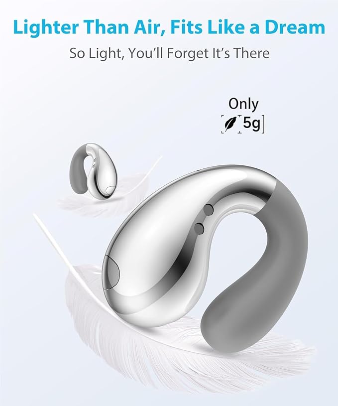 Boytond Ultra Open Ear Earbuds, Comfort Clip On Earbuds, Wireless Bone Conduction Headphones with Bluetooth 5.3, Fast Charging Fast Charging for Running, Sports, and Travel, Glaze Silver