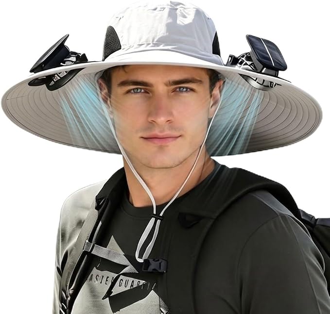 Men Sun Hat with 2 Solar Fan UPF 50+ Fishing Hats Wide Brim UV Protection Sun Hat, USB Charging