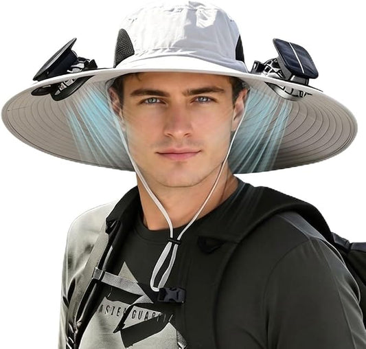 Men Sun Hat with 2 Solar Fan UPF 50+ Fishing Hats Wide Brim UV Protection Sun Hat, USB Charging