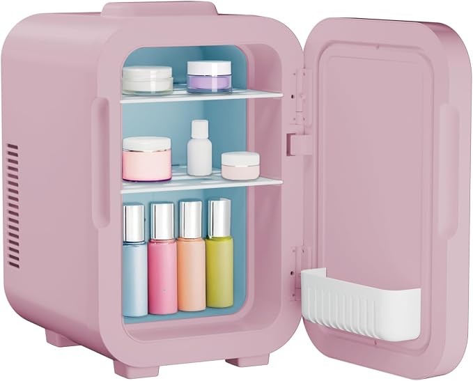 ELLE 8L Mini Cooler Fridge with LED Makeup Mirror for Skincare & Cosmetic Storage Cooler & Warmer Removable Shelf Carrying Handle AC DC Power Options Small Refrigerator for Bedroom Car Office Pink