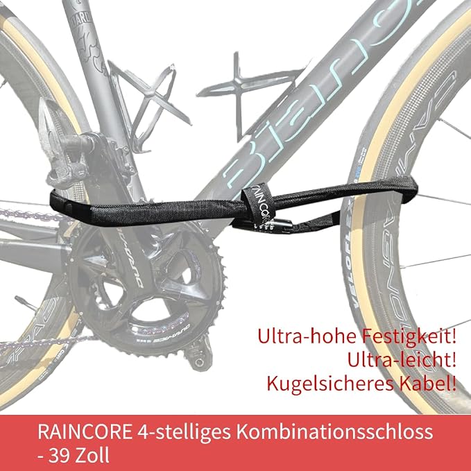 RAINCORE Light Weight Bike Cable Lock for Heavy Duti Anti Theft - 39inch (100cm) - 0.33lb (151g) - Bike Chain Lock with Chain Cutter Proof Fiber - Patented Korea - Security Cable (39 inches)