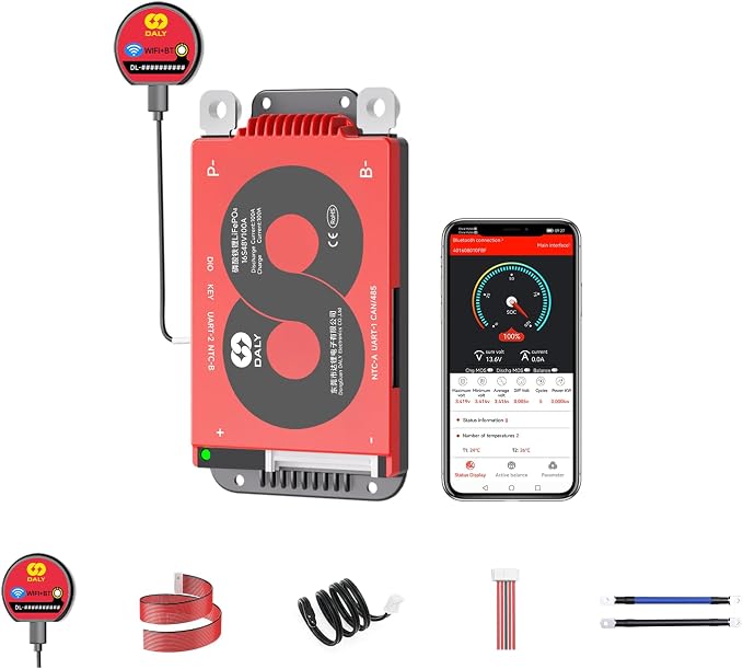 DALY Smart BMS 4S-16S 40A-500A with WiFi Module and CAN 485 Communication Protection Board for LifePO4 Lithium Battery Pack (Smart BMS 16S 48V，100A)