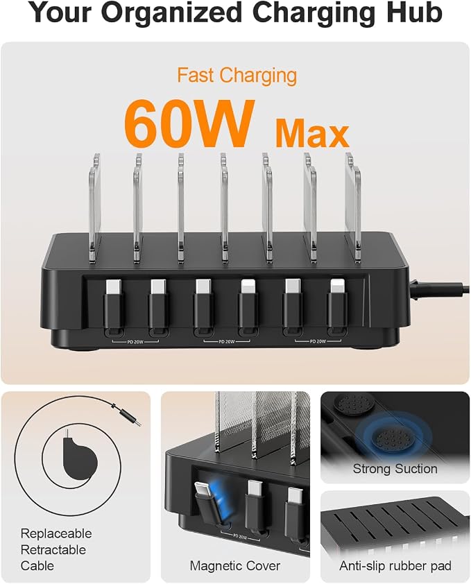 SooPii HomeHub H1 Charging Station for multiple devices,Upgraded 6-Port Desktop Fast Charger with 6 Retractable Cables（4*C+2*iP）,60W PD charger station for iPhone/Tablet,Tangle-Free Charging Organizer