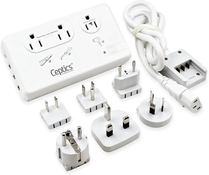 Ceptics 220V to 110V Travel Voltage Converter for Hair Dryer, 2000W & 200W outlets for Dryers, Curling Iron, Straightener, Chargers, Step Down, 4 USB Ports (1x USB-C) with 6 SWadApt attachments