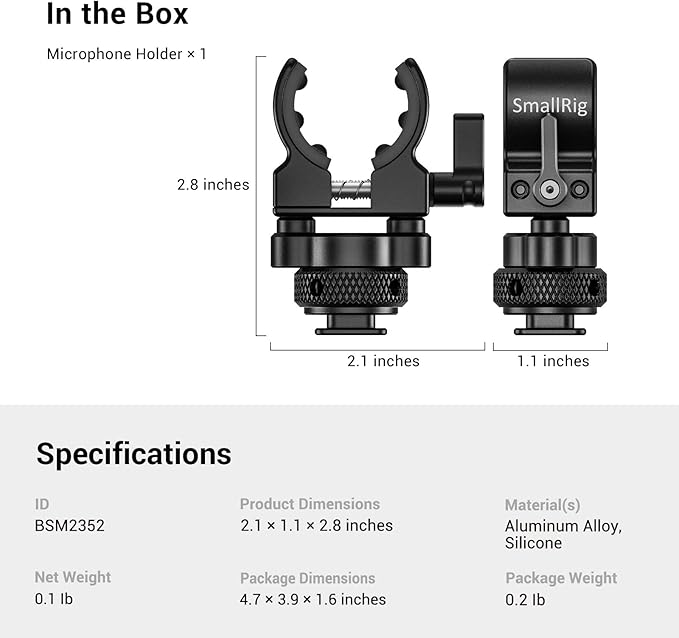 SmallRig Shotgun Microphone Holder (Cold Shoe), Built-in Soft Silicone, Bumps and Noises Absorption BSM2352
