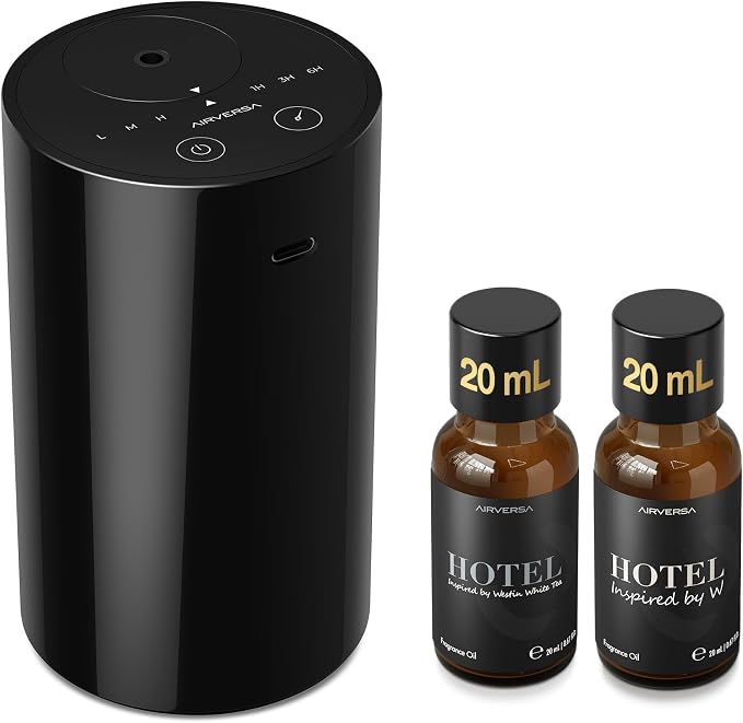 Airversa Waterless Essential Oil Diffuser Starter Kit with 2x20mL Luxury Hotel Fragrance Oils for Home Car Office, Battery Operated Mini Scent Air Machine Portable Diffuser, AN8KIT-B Black
