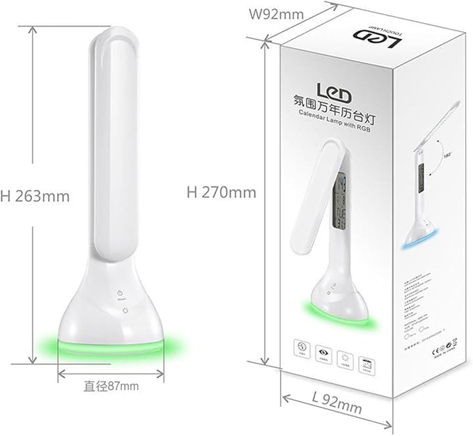 Smart Bedside Lamp with Transparent Display, RGB Dimmable Desk Light, 180° Foldable, Built-in Battery, Multi-Function with Clock/Date/Temperature Alarm,T19 White.