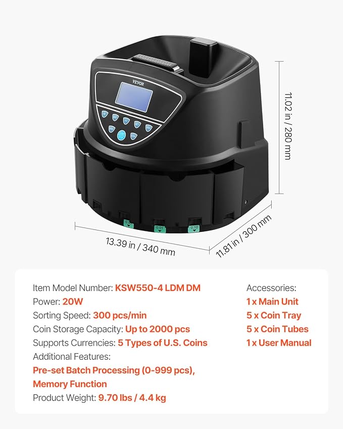 VEVOR Upgraded Coin Counter & Sorter, Coin Sorter and Wrapper Machine with Intuitive Display, Change Counter for USD Coins 1￠ 5￠ 10￠ 25￠ $1, Sorts up to 300 Coins/Min, with 5 Coin Tubes and 5 Trays