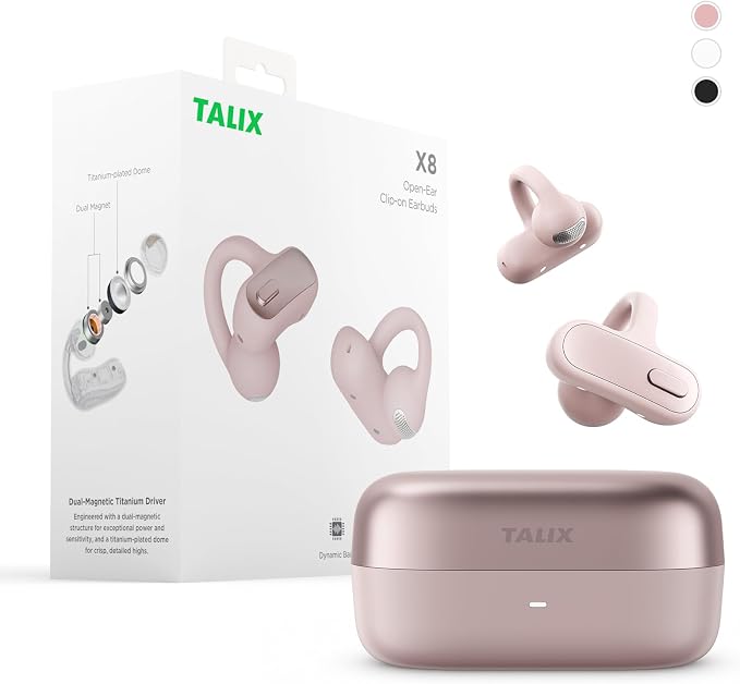 TALIX Open Ear Clip-On Earbuds X8 with AI ENC & Powerful Bass, Wireless Bluetooth 6.0, IPX4 Sweatproof Fitness Headphones, Physical Buttons, 5g Lightweight Ear Buds with Multi-Device Switching, Pink