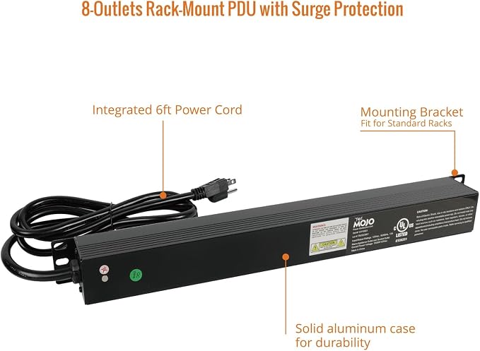 Tecmojo 1U Rack-Mount Horizontal 8-Outlet PDU, UL Listed PDU with Surge Protection LED Indicators 6ft Cord Power Distribution for IT and Network Server Racks