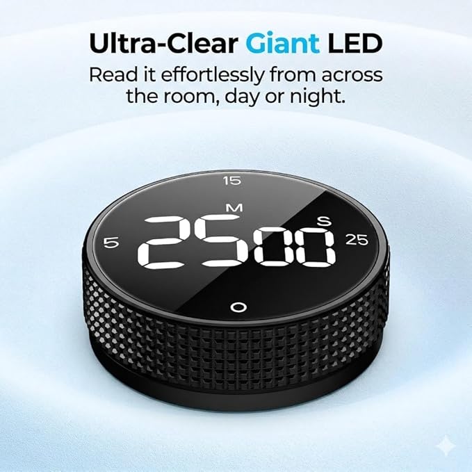Digital Magnetic Kitchen Timer for Cooking, Large LED Countdown Timer, Rotating Pomodoro Timer, Volume Adjustable, 5/15/25 Min Presets for Kitchen, Baking Grilling Studying
