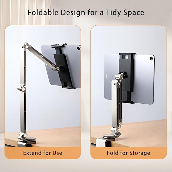 iPad Mount for Desk Aluminum Alloy Tablet Stand Foldable Overhead Arm Holder Mount Fits for 4.7-15.6" Screen Phone,Kindle,Fire HD,Monitor,iPad,Galaxy Tab Series (Gray)