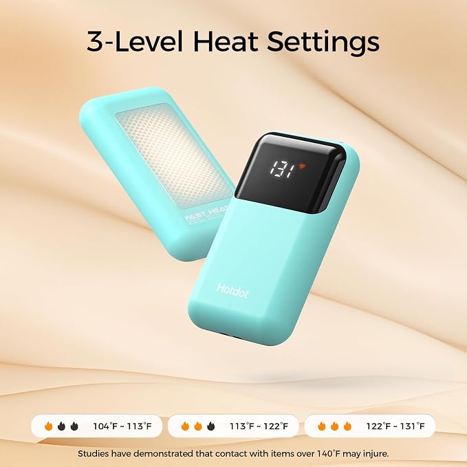 Hotdot Hand Warmers Rechargeable with Gift Box, 4 Pack Electric Hand Warmer with LED Display Battery and Temperature, 4 Heating Levels Portable Hot Hands, for Men, Women, Hunting Cyan