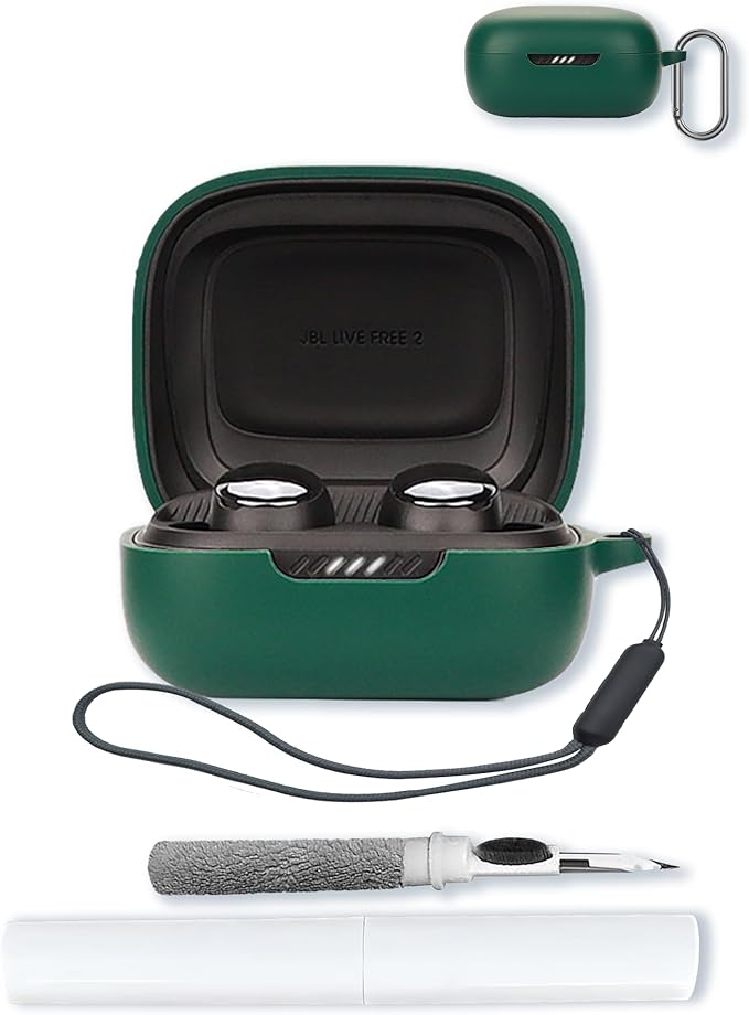 Case for JBL Live Pro 2 - True Wireless Noise Cancelling Earbuds,Soft Protective,Shockproof, BOVUGAC Silicone Case Cover with Keychain & Cleaning Kit & Lanyard-Green