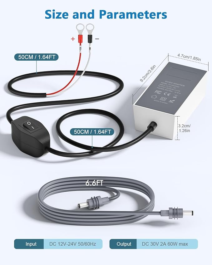 Starlink Mini 12V Battery Adapter with Switch 12V-24V to 30V 2A Step Up Converter Starlink Mini DC Power Supply Adapter Direct to Battery Cable O-Ring No Voltage Drop Waterproof for Truck,RV,Camping