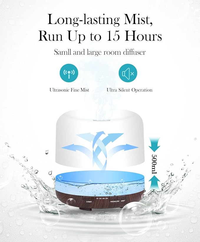 Essential Oil Diffuser 500ml-Humidifier,Aroma Diffuser for Home with 7 Colors Light,Remote Control Air Diffuser for Large Room,Bedroom,Office(Light Wood)