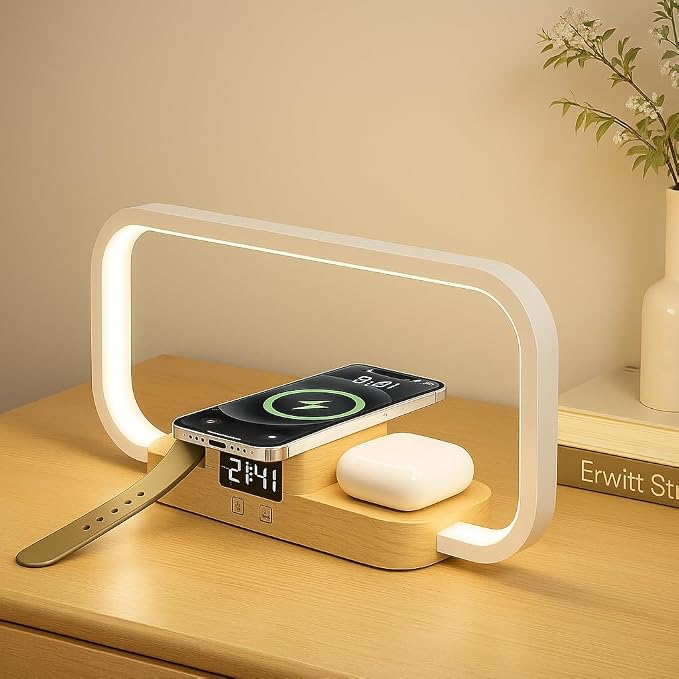 LED Bedside Lamp with Wireless Charger, 3 in 1 Touch Control Bedside Lamp, 5 Color Mode & Dimmable, Desk Lamps with Clock for Nightstand, Table Night Lamp for Bedroom, Gifts for Women, Men, Friends