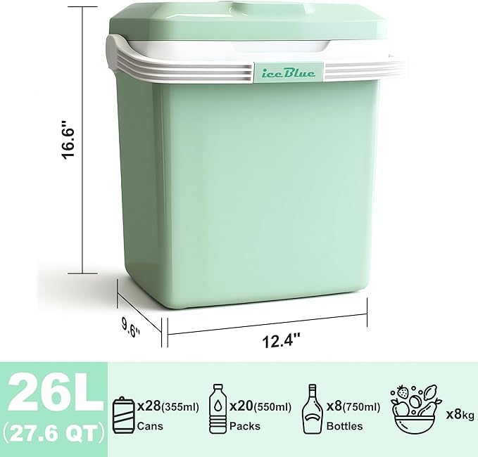 Iceblue Electric Cooler, 26 Liters/28 Cans Mini Fridge with Automatic Locking Handle, 120V AC Home Power Cord & 12V Car Adapter Car Refrigerator, Car Fridge for Home, Car, Gift (Green)