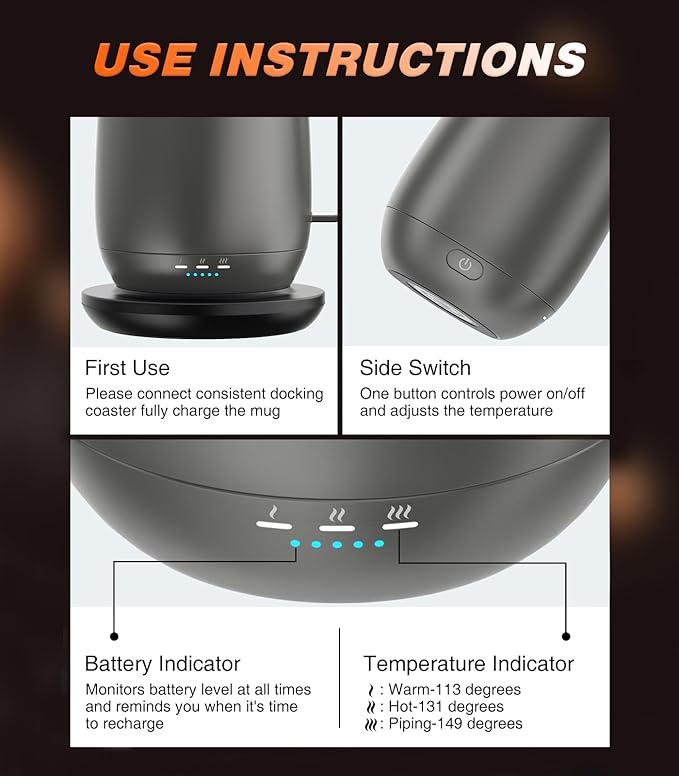 Kepwam Heated Coffee Mug Rechargeable T2, 16oz Smart Temperature Control, Up to 149℉, 150 Min Battery Life, Great Gift for Dad Mom