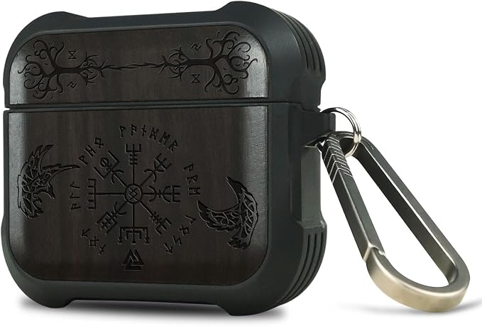 Carveit Wooden Case for AirPods 4 Case (2024) (USB-C) 4th Generation, Wood Artisan Engraved & TPU Shockproof Cover, Titanium Quick Released Clasp (The Guiding Vegvisir) Blackwood
