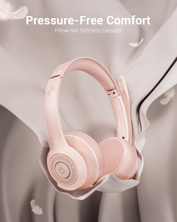 JIAMQISHI Wireless Headset with AI Noise Cancelling Microphone Bluetooth Headset - Bluetooth V5.2 Headphones with USB Dongle & Mic Mute for Computer/Laptop/PC/iPhone/Android/Cell Phones (Pink)