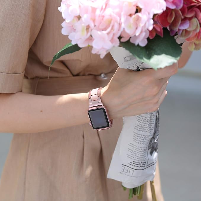 Wearlizer Rose Pink Compatible with Apple Watch Band 38/40/41/42mm Womens Replacement, Stainless Steel Strap Fashion Resin Wristband Sleek Metal iWatch Series 11 10 9 8 7 6 5 4 3 SE/Ultra 3 2 1