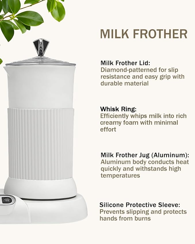 2-in-1 Milk Frother Electric Foam Maker and Moka Coffee Maker Espresso Maker 110V Electric Base Aluminum Frother Moka Pot 5oz 150ml Frothing Easy Brewing Latte Cappuccino Home Gift White