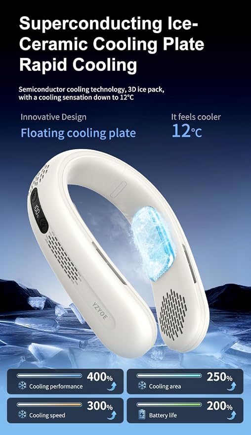 Enhanced Double-Sided Cooling Rechargeable Neck Fan, Outdoor Portable Silent Cooling Hanging Neck Fan, Three Cold Compress Modes.