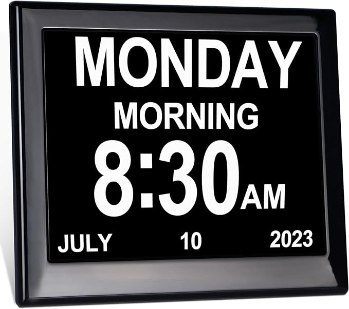 Day Date Time Clock for Seniors Elderly 3 Medication Reminders+ 5 Custom Reminders Digital Calendar Dementia Impaired Vision Memory Loss Clock(Black,8-inch)