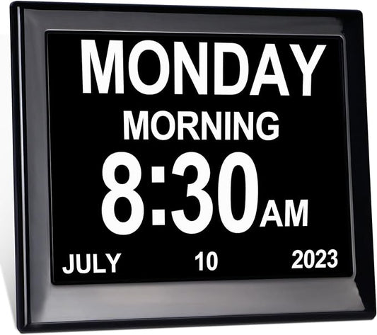 Day Date Time Clock for Seniors Elderly 3 Medication Reminders+ 5 Custom Reminders Digital Calendar Dementia Impaired Vision Memory Loss Clock(Black,8-inch)