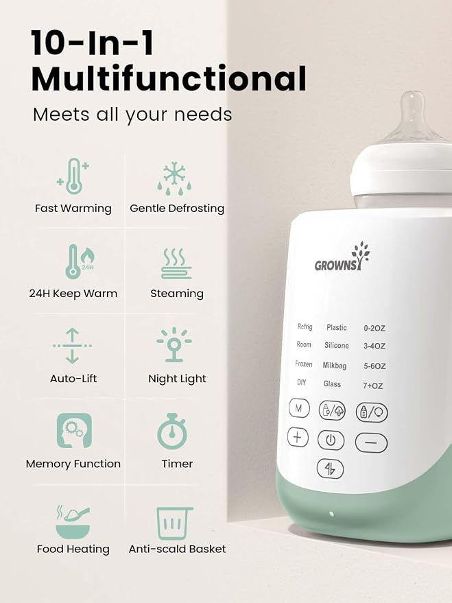 Grownsy Nutri Bottle Warmer with Innovative Auto-Lift Feature, 10-in-1 Fast Baby Bottle Warmer with Night Light, Retain Nutrients Milk Warmer for All Bottles